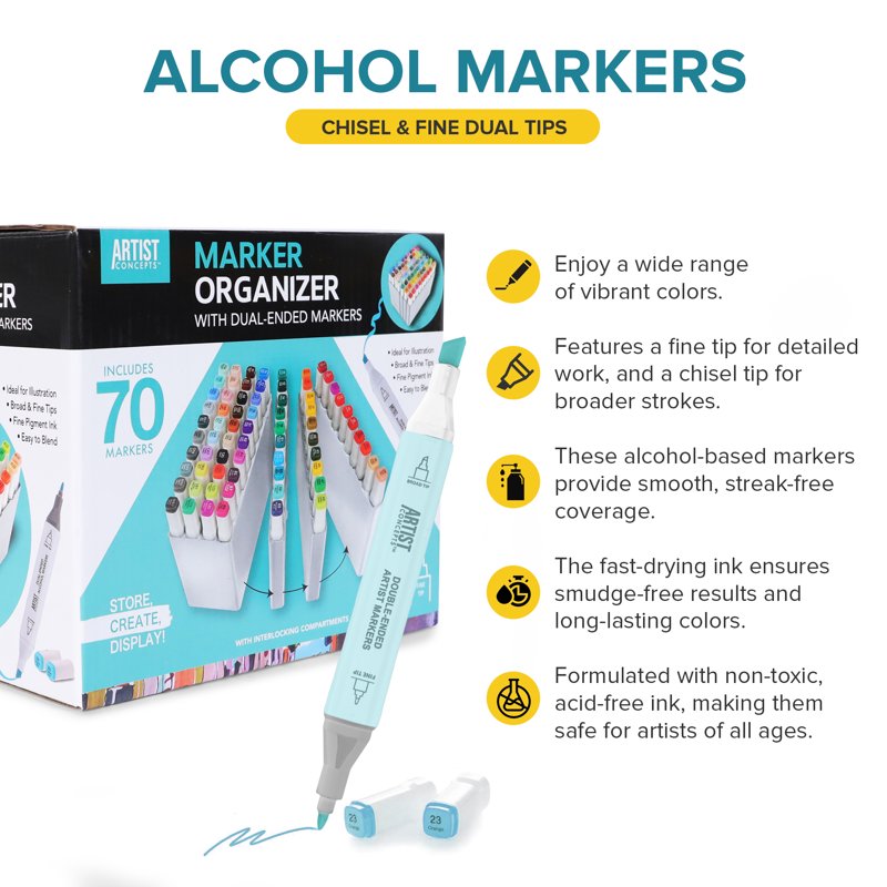Artist Concepts Interlocking Marker Organizer with 70 Dual-Ended Alcohol Markers