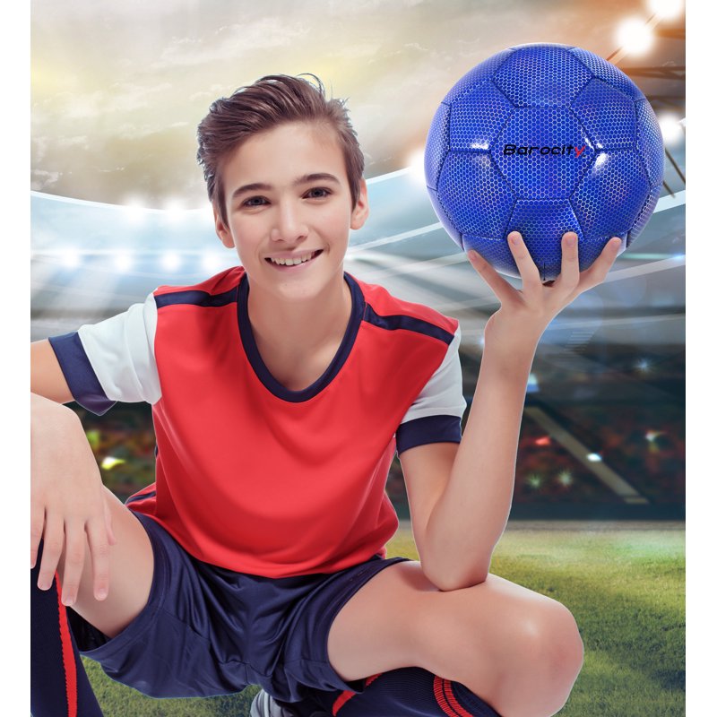 Barocity Blue Size 4 Premium Official Match Soccer Ball - Reflective Rainbow Hex Pattern