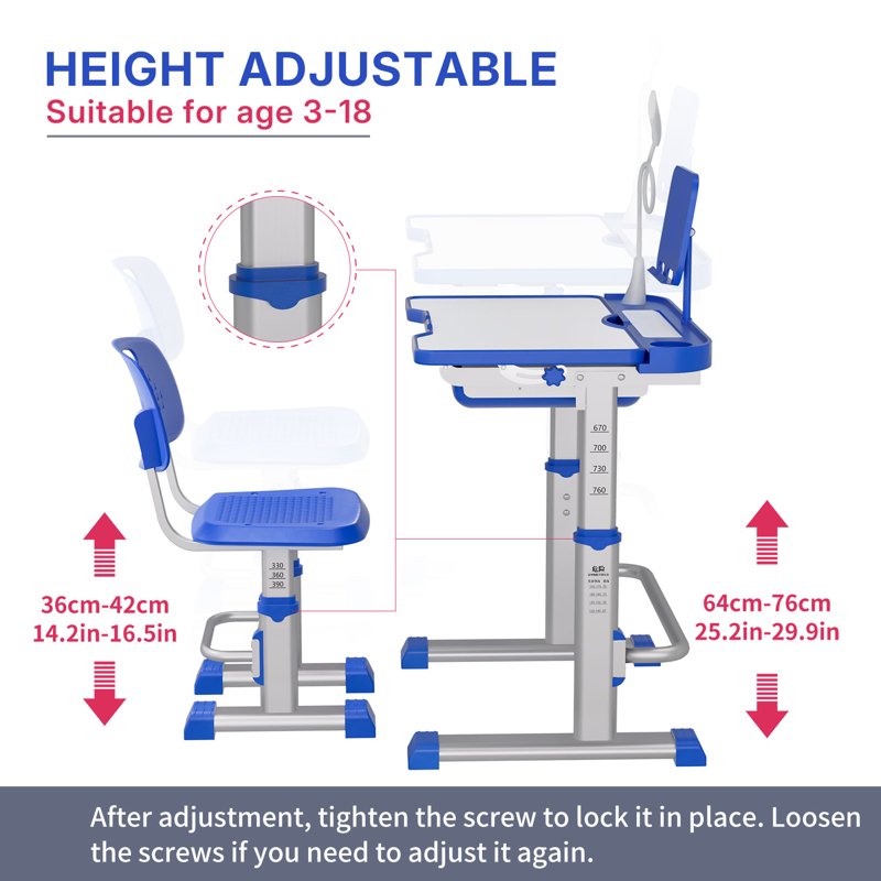 Kids Study Desk and Chair Set with Adjustable Height, LED Lamp, Tilt Desktop, Storage Drawer