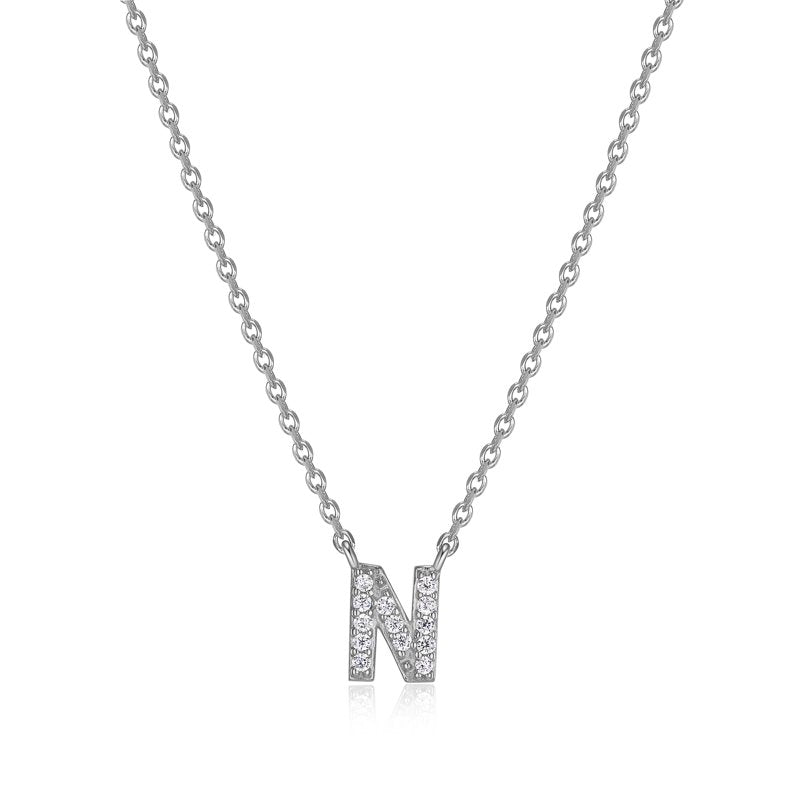 Sterling Silver Initial Letter N CZ Necklace 18 Inch Pendant for Women