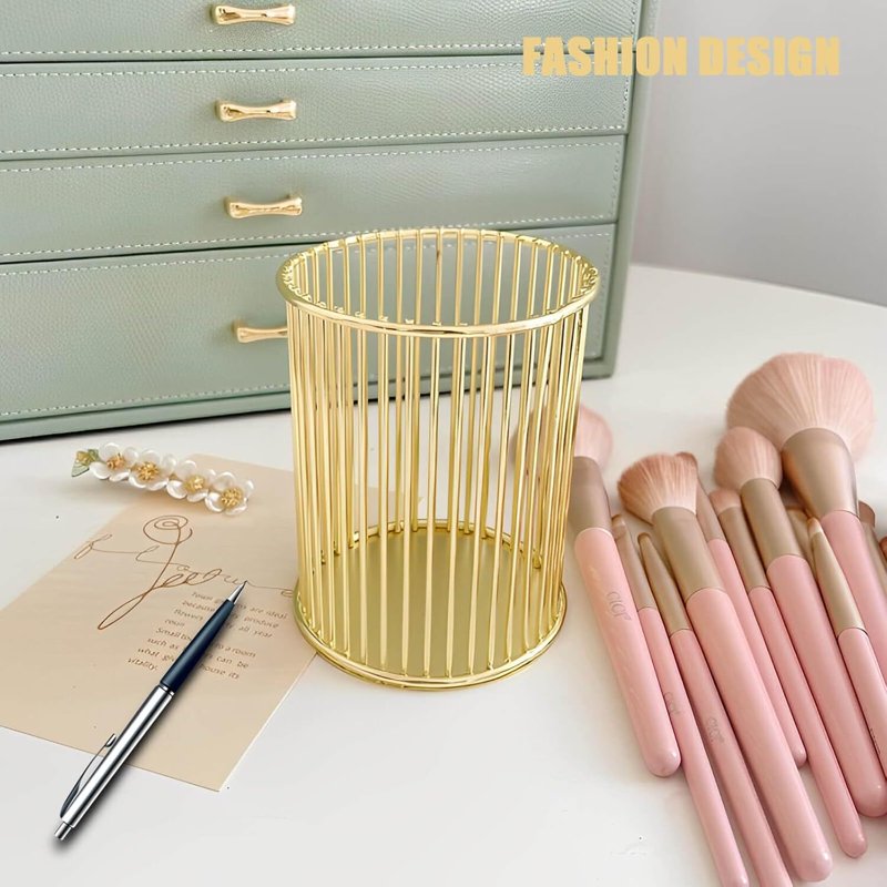 Gold Metal Pen Holder for Desk and Makeup Brush Organizer - Elegant Office & Vanity Accessory