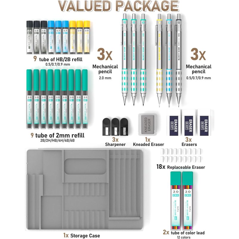 Mechanical Pencils Set with Lead Refills and Case - Art Drafting Supplies