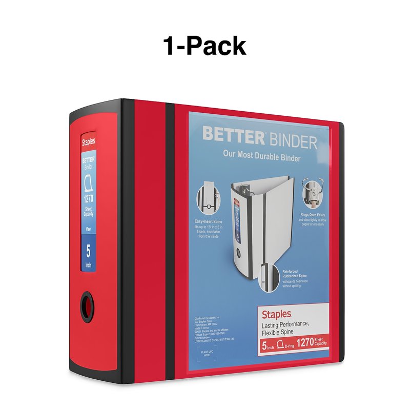 5-Inch Capacity Red Three-Ring Binder with D-Rings for Office & School