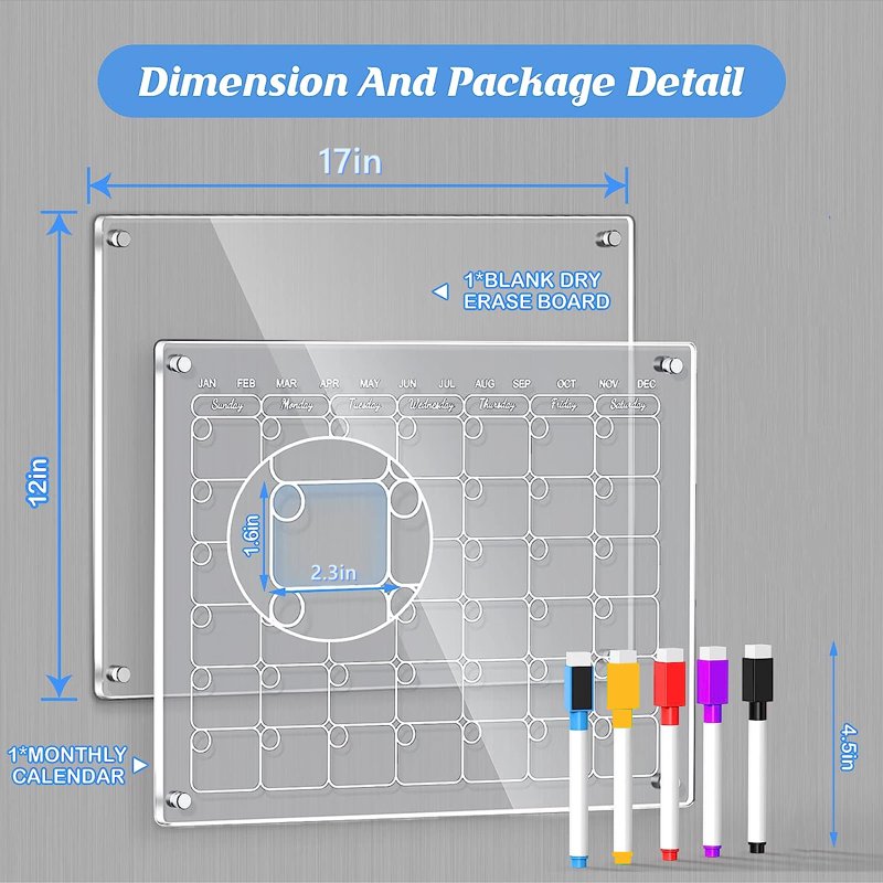 Magnetic Acrylic Calendar for Fridge Set with 5 Markers - Clear Dry Erase Planning Boards
