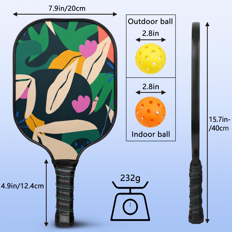 Tropical Leaf Print Pickleball Paddle Set - Fiberglass Surface, 1 Paddle, 2 Balls & Bag - Variation: Black