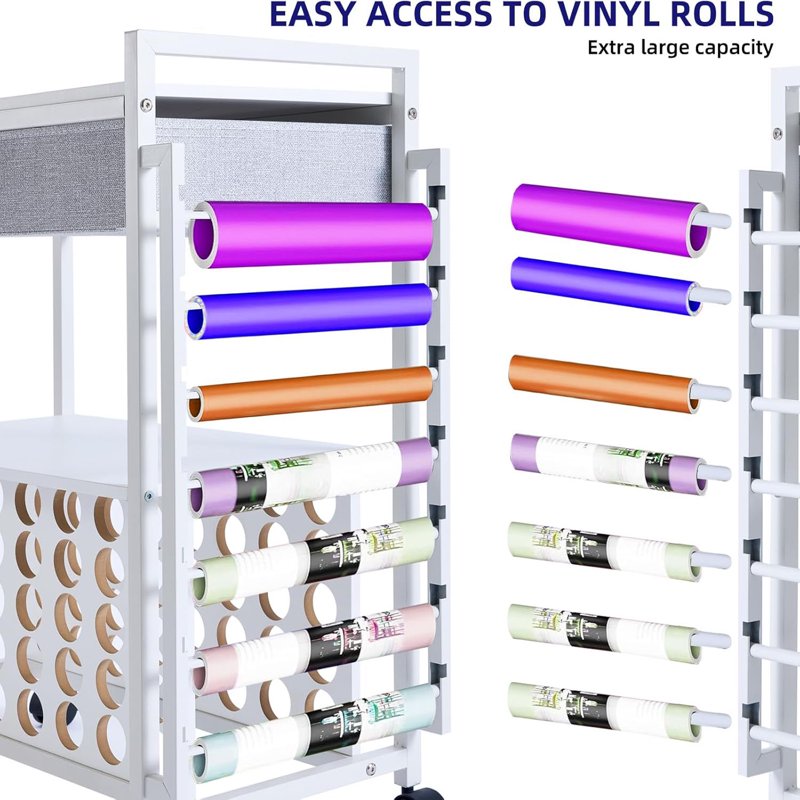Rolling Craft Storage Cart with Vinyl Roll Holders for Cricut Machines - Black or White