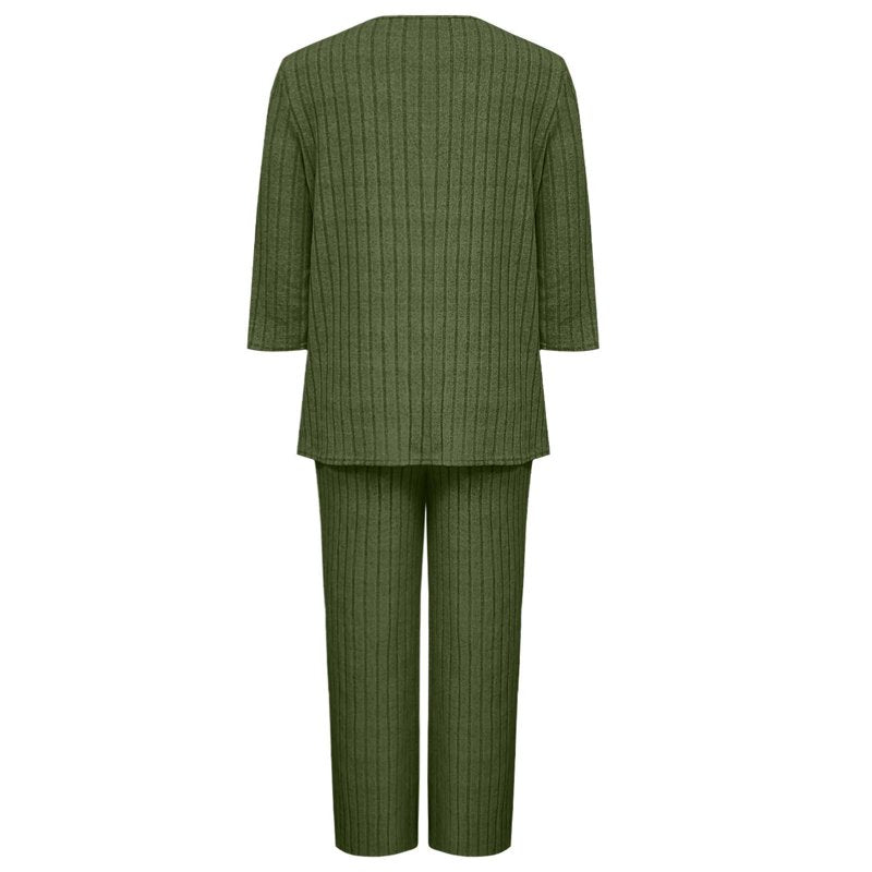 Women's Ribbed Knit Sweatsuit 2-Piece Set with Pockets - Casual Lounge & Activewear