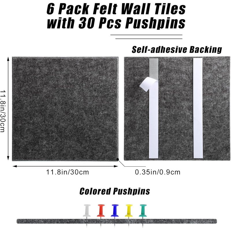 Large Wall Cork Board Tiles 36x24 Inches | 6 Pack Felt Bulletin Boards with Pushpins