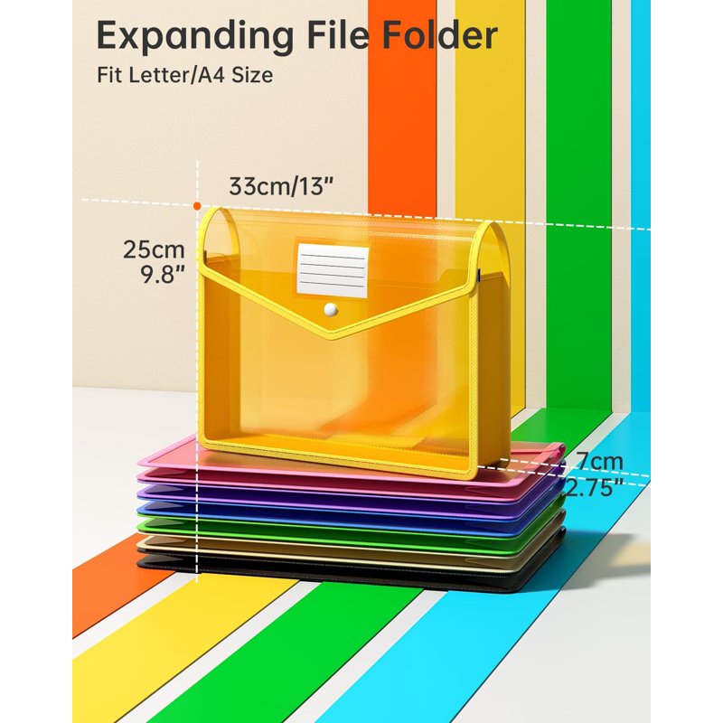 Large Capacity Transparent Plastic Expanding File Folder with Snap Closure - 7 Pack