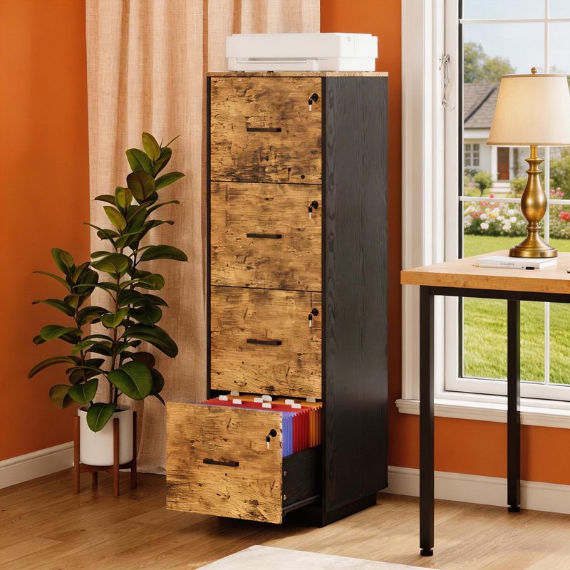 Wood Lateral File Cabinet with Lock for Home Office - Adjustable & Lockable, Brown