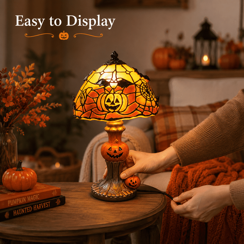Halloween Pumpkin Table Lamp with Bat and Spider Web Shade - Indoor Decorative Light