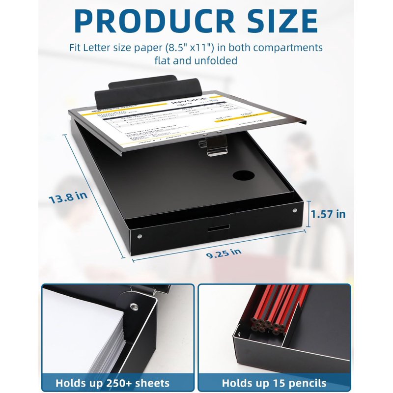 Heavy Duty Aluminum Clipboard with Dual Storage & Pen Holder - Letter Size