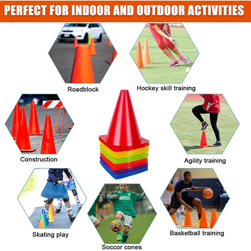 Sports Soccer Cones 7 Inch Pack of 24 - Durable Indoor Outdoor Training Equipment