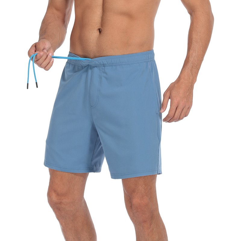 Men's 7-Inch Inseam Athletic Shorts with Compression Liner - Blue/Pink Surfer Dino, Size S