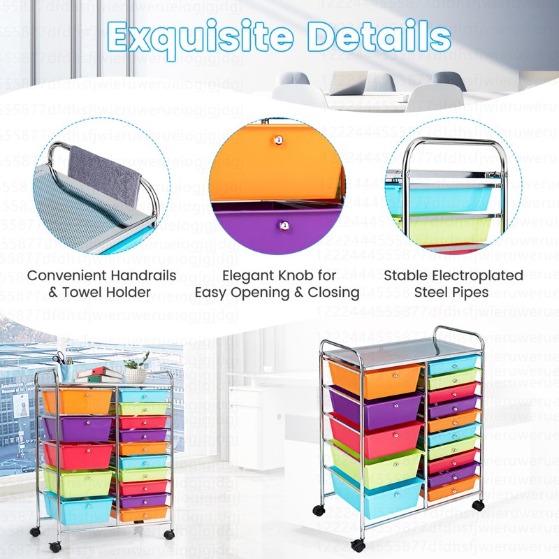 15-Drawer Rolling Storage Cart with Multicolor Opaque Plastic Drawers and Casters