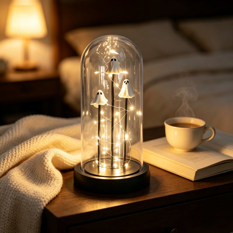 Light Up Ghost Decor Lamp with Glass Dome and Warm Fairy Lights - Halloween Indoor Night Light
