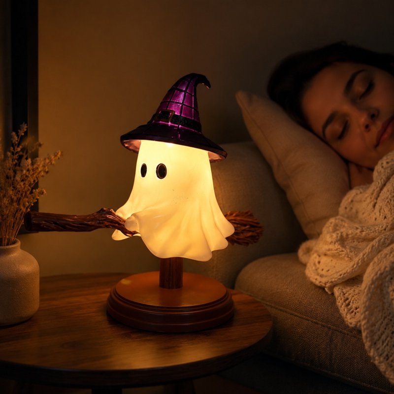 Halloween Ghost on Broomstick Night Light - Gothic Stained Glass Table Lamp (Variation: Ghost A)