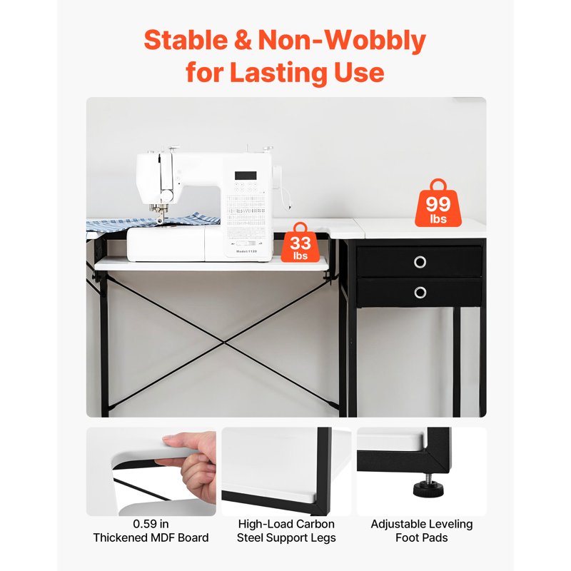 Foldable Sewing Table with Drawers and Adjustable Storage - Home & Studio Use