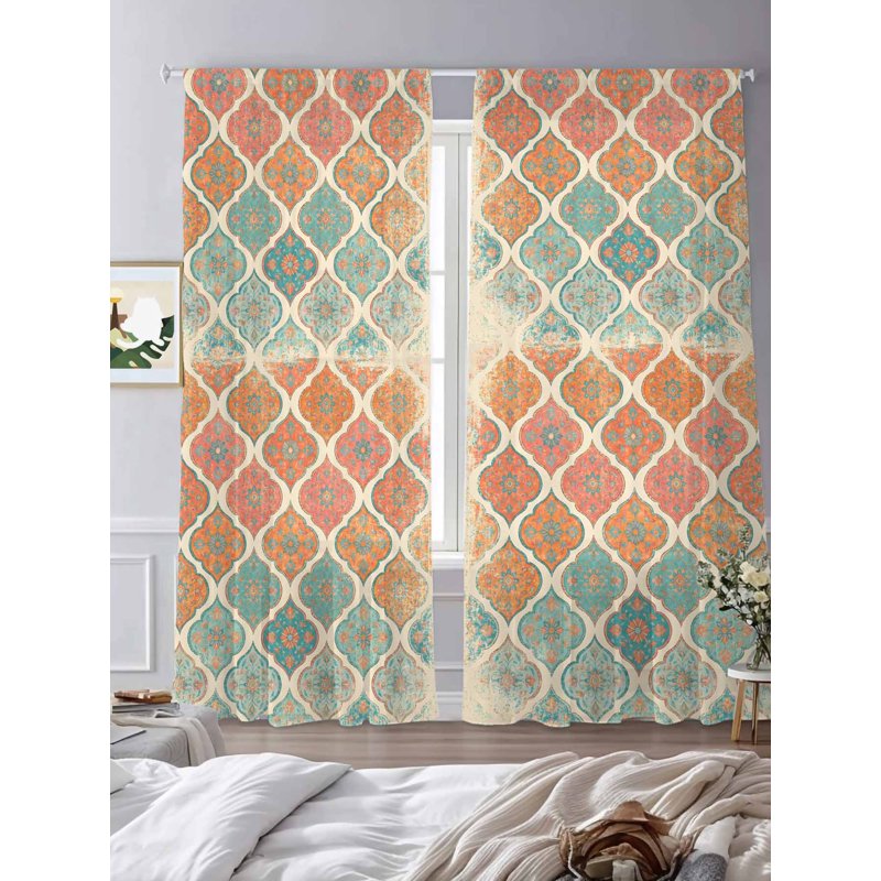 Boho Sheer Curtains 84 Inch Length Set - Geometric Voile Window Treatment