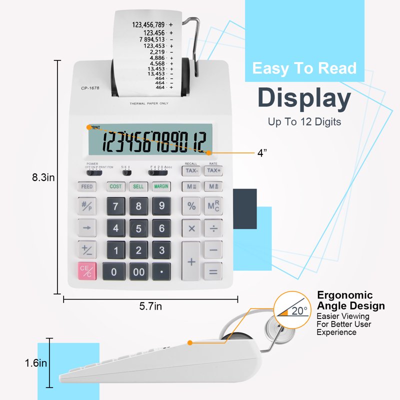 Thermal Printing Calculator with Large LCD, 12-Digit Count, Paper Roll, Type-C Charge
