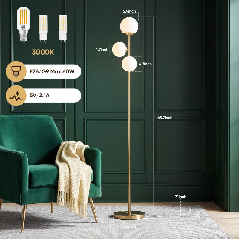 Gold 3-Light Globe Floor Lamp with Frosted Shades - Modern Standing Tree Lamp for Living Room Bedroom