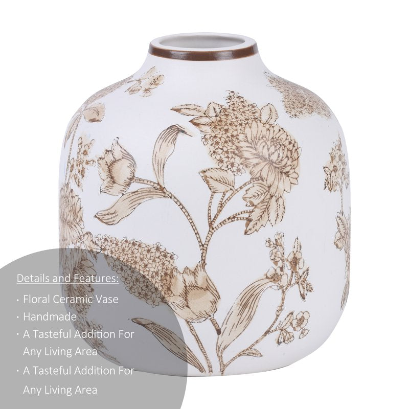 White Ceramic Floral Tabletop Vase - Home Decor Accent