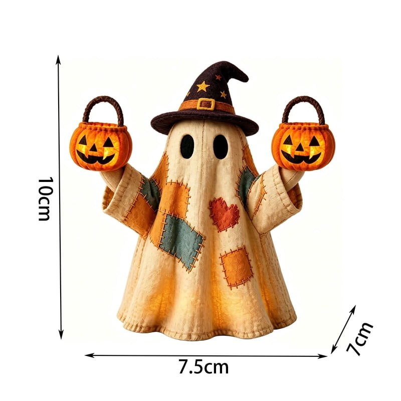 Patchwork Ghost with Pumpkin Figurine - Resin Halloween Ornament (Variation: Patchwork GB)