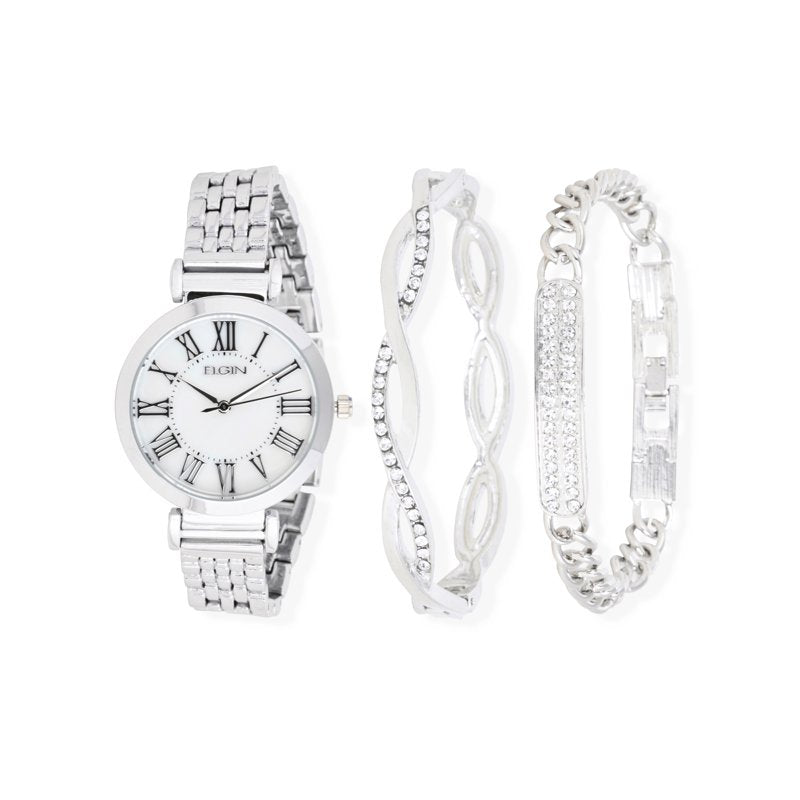 Elgin Women's Analog Watch Set with Mother of Pearl Dial and Silver Bracelet