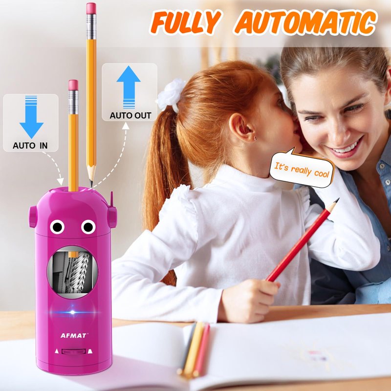Automatic Rechargeable Electric Pencil Sharpener with Auto In & Out, Kids Safe, Multi-Size Fit