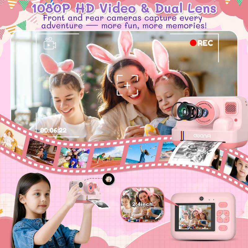 Kids Instant Print Camera with 32G SD Card & Paper - Portable Digital Toy Gift
