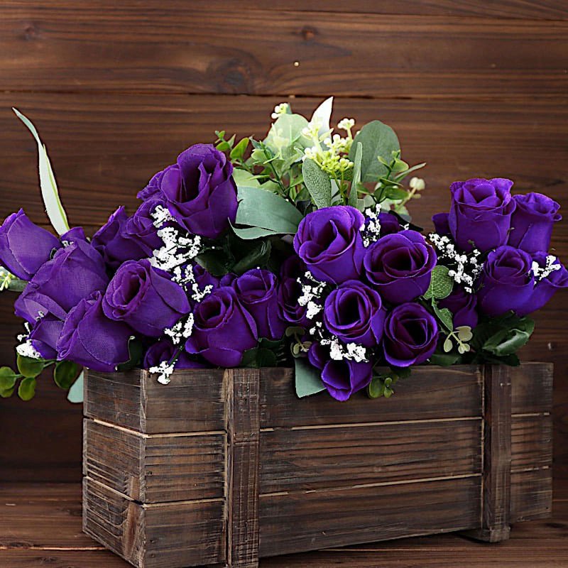 Silk Rose Buds Flowers Bouquet for Weddings & Events - 84 pcs, Purple