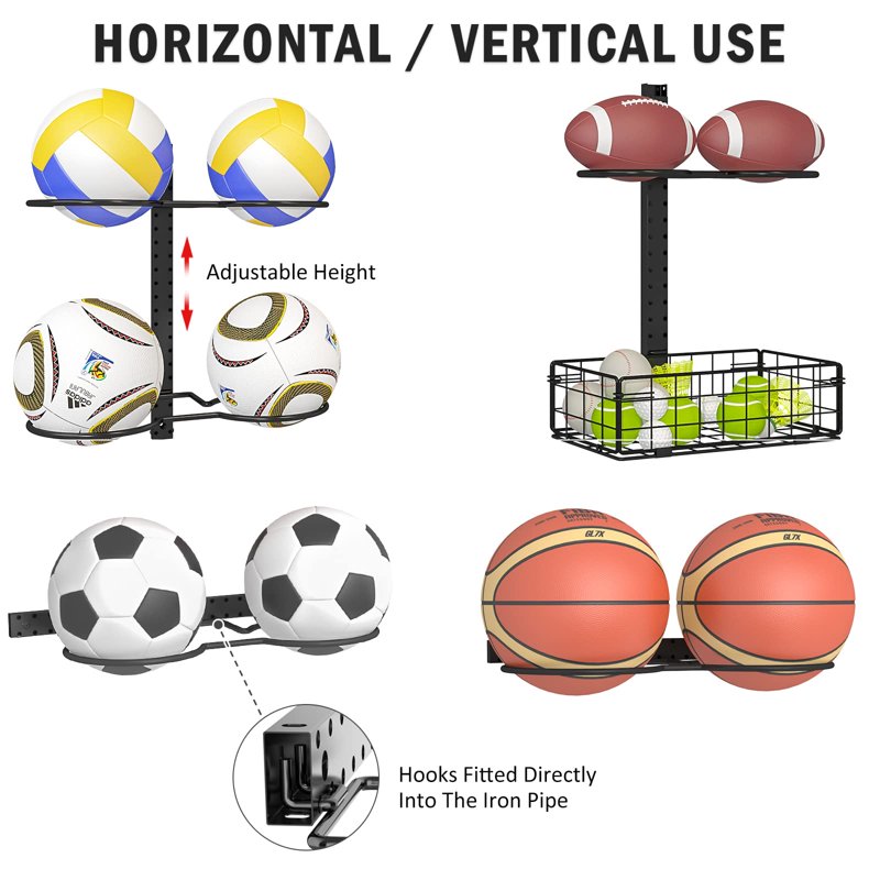Wall-Mounted & Floor Standing Sports Ball Rack Organizer with Adjustable Hooks