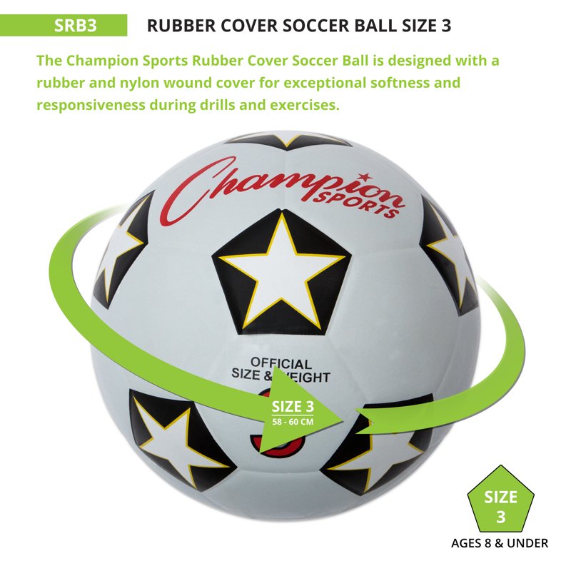 Champion Soccer Ball No 3 - Rubber Cover, Nylon-Wound Butyl Bladder (Black/White)