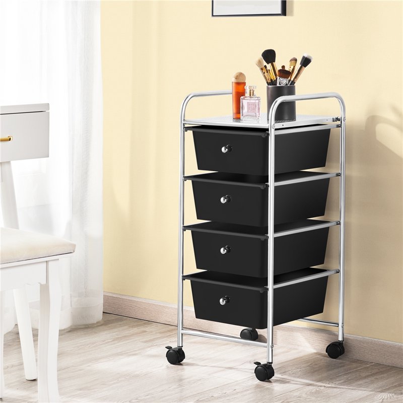 4-Drawer Metal Frame Storage Cart with Lockable Wheels, Black