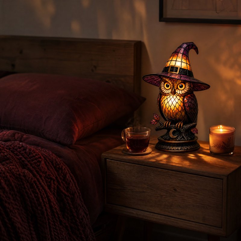 Halloween Witch Owl Night Light - Stained Glass Style Acrylic Table Lamp for Autumn & Holiday Decor