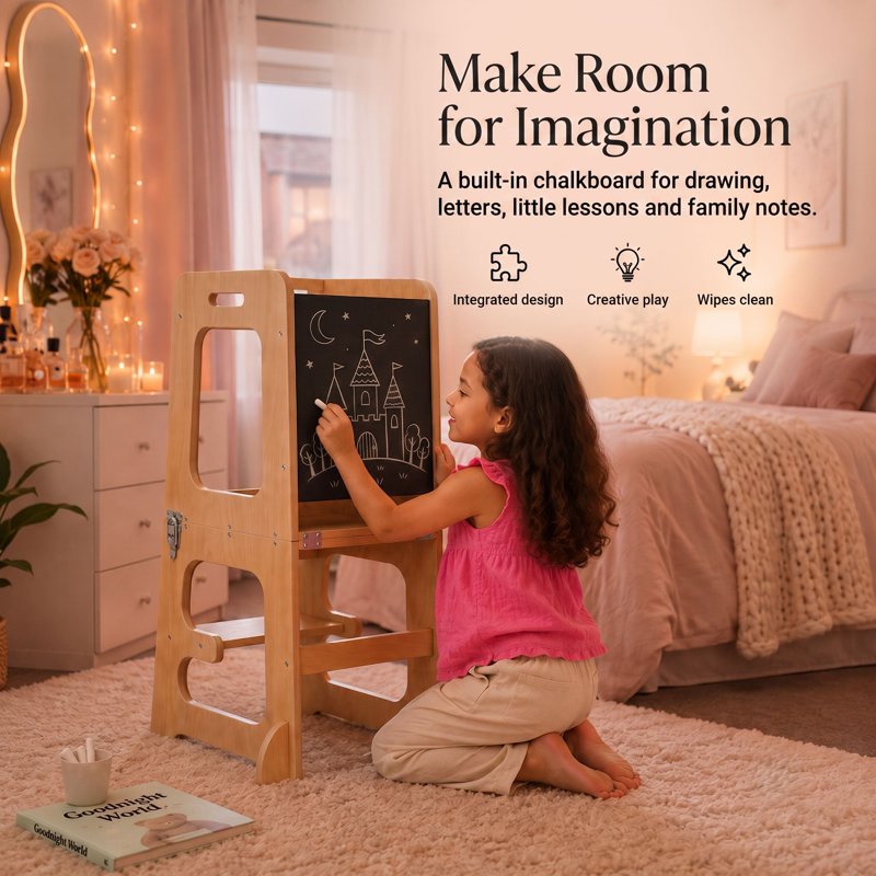 4-in-1 Toddler Kitchen & Learning Tower - Montessori Convertible Stool & Table