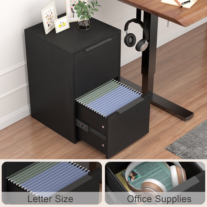 Wooden File Cabinet 2 Drawer Vertical Storage for Office - Black & Walnut Options