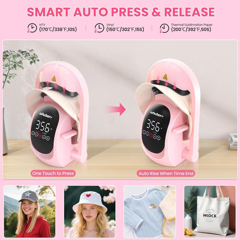 3-in-1 Cap Heat Press Machine with Replaceable Heating Pads - Pink