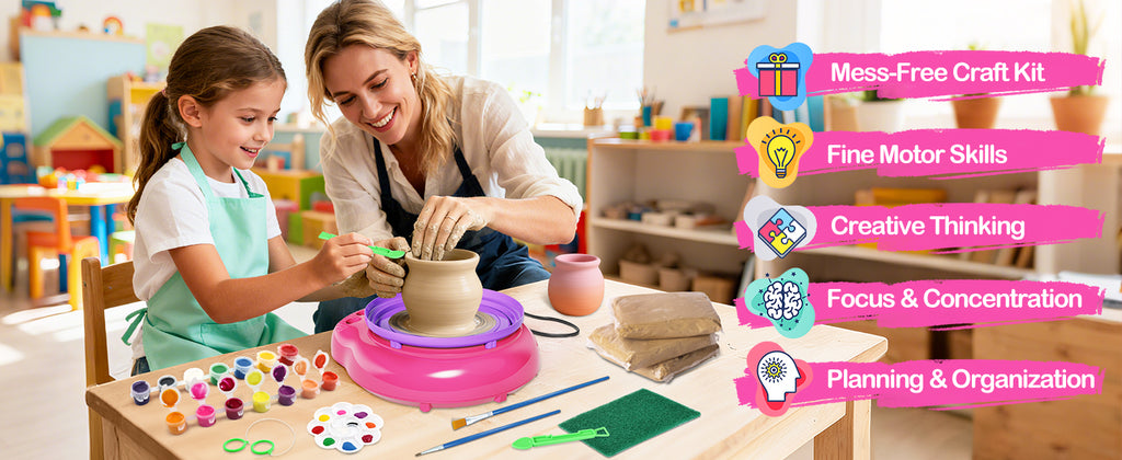 Kids Pottery Wheel Kit for Ages 6+ with Clay Sculpting & Painting Supplies