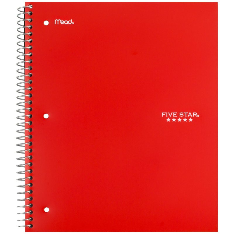 5 Subject Spiral Notebook with Study App, Wide Ruled, 8x10.5 Inches, Fire Red
