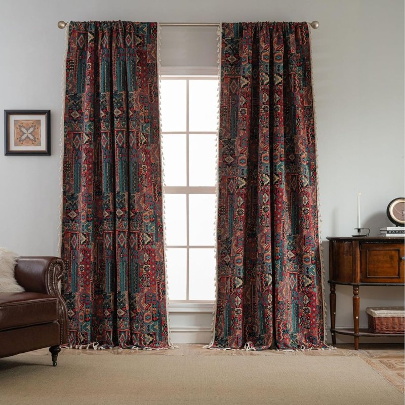 Boho Geometric Pattern Semi-Sheer Curtain Panel with Tassels - Multiple Sizes
