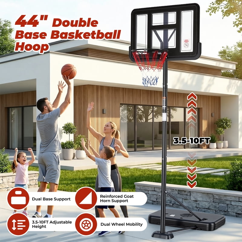 Portable Basketball Hoop with Adjustable Height & Stable Dual Rear Base - Family Size, Rollable Wheels