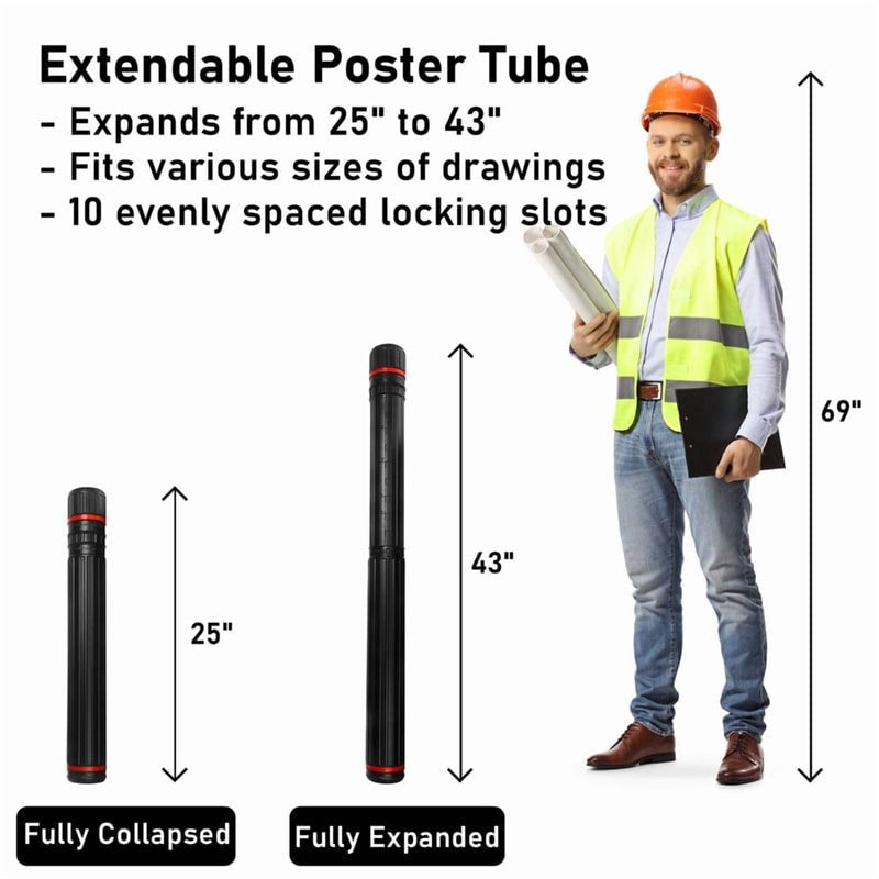 Extendable Waterproof Poster Tube with Shoulder Strap - 25 to 40 Inch Art & Blueprint Storage