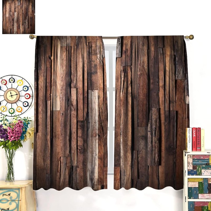 Rustic Wood Curtain Sets - Blackout Window Drapes for Living Room & Bedroom