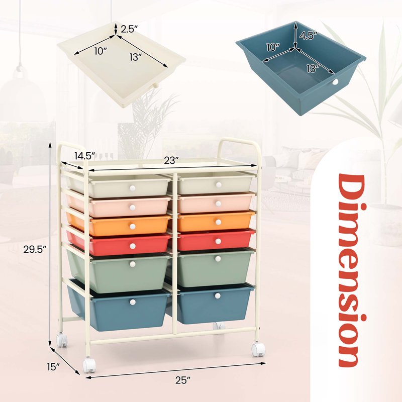 12-Drawer Rolling Storage Cart with Plastic Drawers for Home & Office Organization