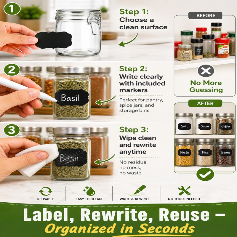 Chalkboard Style Labels Set with Markers - Water-Resistant Rewritable Self-Stick Labels for Pantry & Kitchen Organization - 244 Pieces