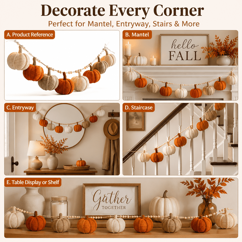 Fall Pumpkin Garland Lights 5.9 Ft Crochet String Decor for Mantel Wall Halloween Thanksgiving