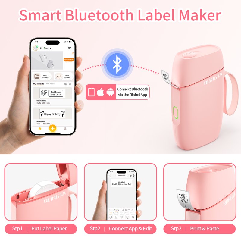 Portable Bluetooth Label Maker for Home Office Organization - Pink