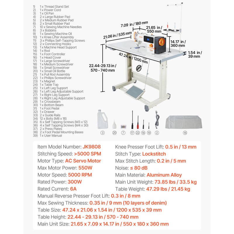 Industrial Sewing Machine 550W Lockstitch Set with LCD, Metal Frame, High Speed 5000 SPM