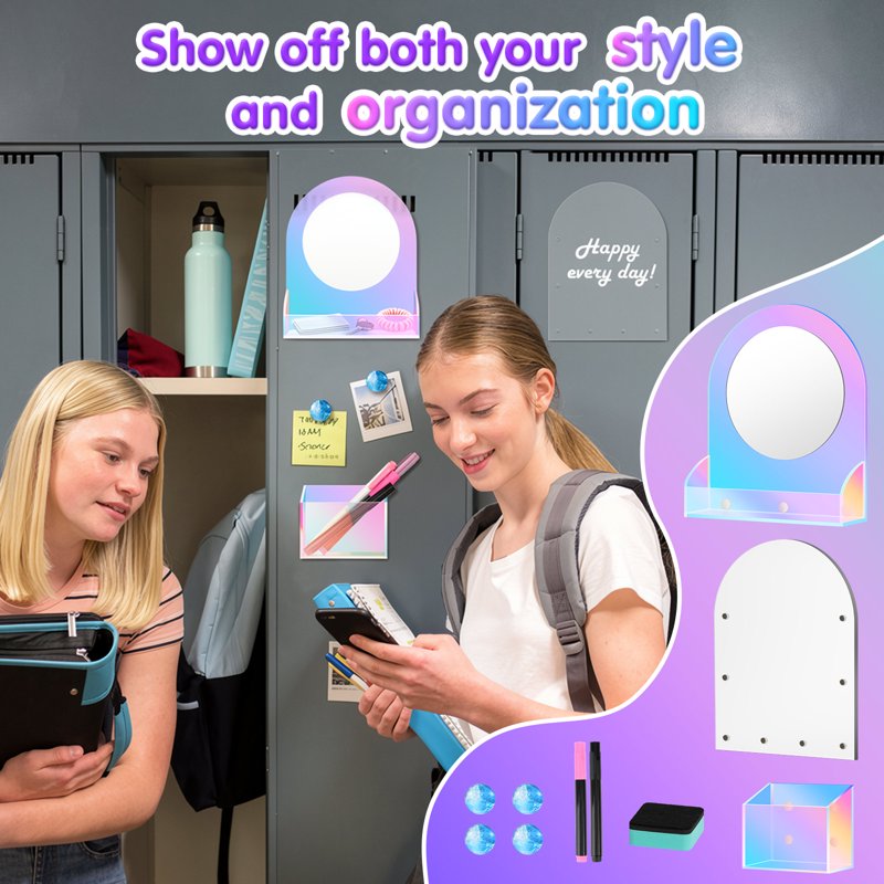 Magnetic Locker Accessories Set with Mirror, Dry Erase Board, Pen Holder & Magnets